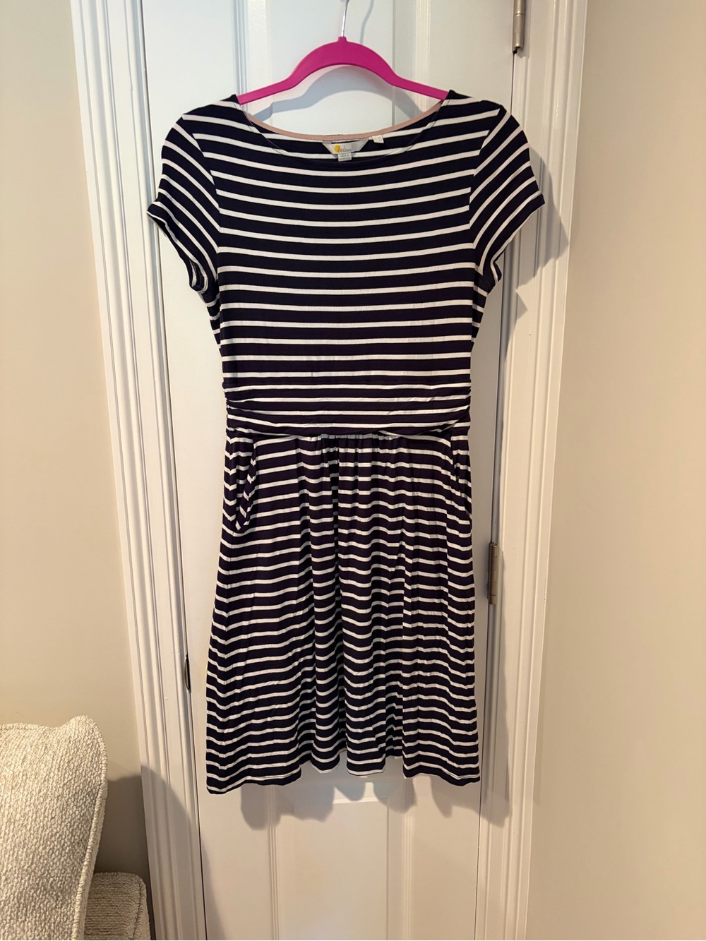 Boden Amelie Navy and White Striped Short-Sleeve Knit Dress with Fitted Waist
